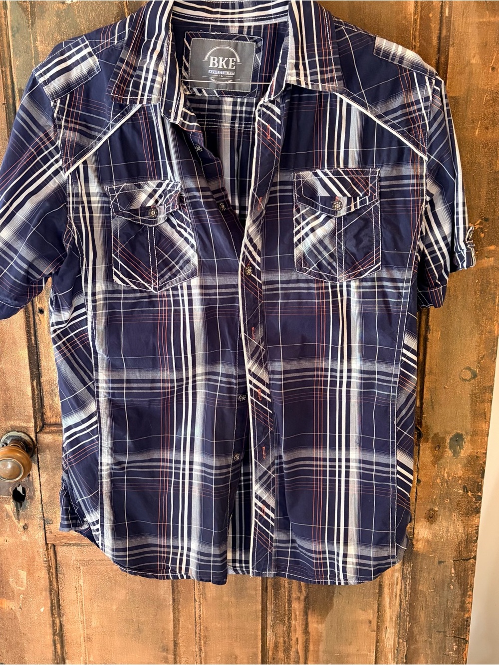 BKE Men’s Athletic Fit Plaid Short Sleeve Button Up Shirt – Large